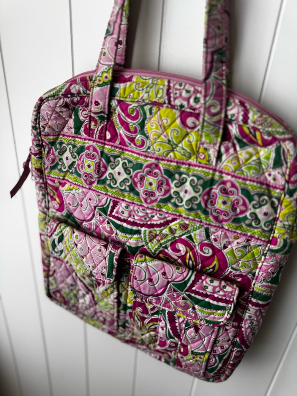 Vera Bradley Pink Green Zip Tall Tote Shoulder Bag Pinwheel Pink Retired - Picture 5 of 10